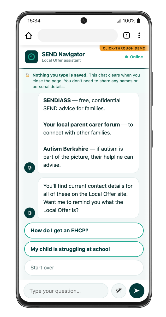 SEND Navigator chat assistant, mobile view