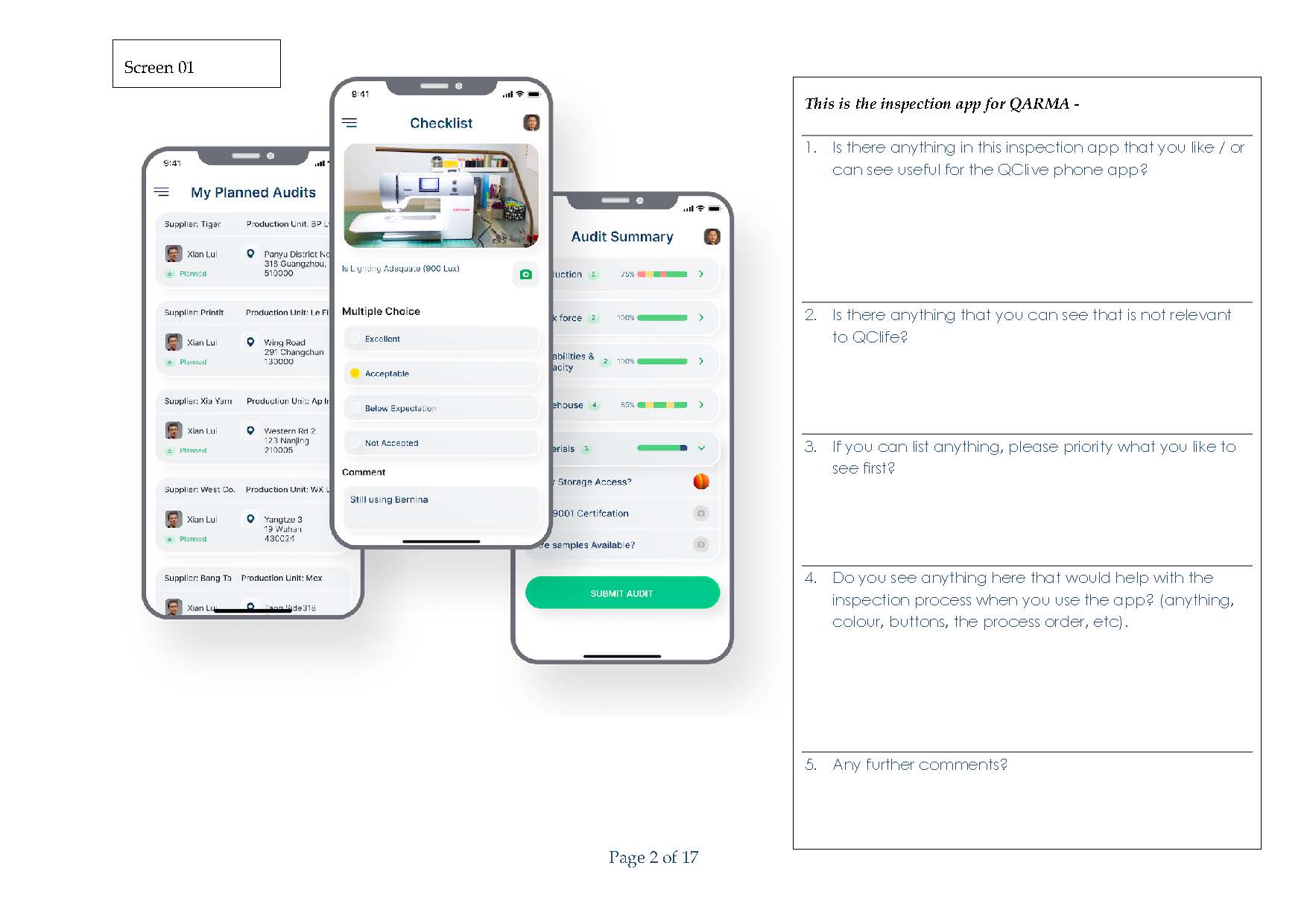QCL ideas & questions — early screen 01 with checklist and audit summary